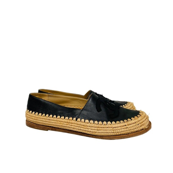 CHANEL Black Leather CC Interlocking Logo Espadrilles Flats Size 40 US 10 - Picture 10 of 10